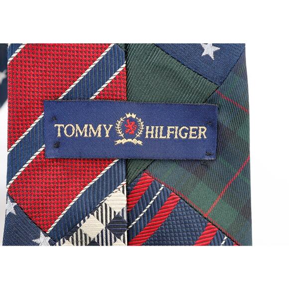 VTG 90s Tommy Hilfiger Patchwork Silk Tie Preppy Corporate Americana Plaid Star - Picture 3 of 16